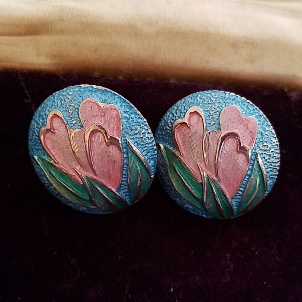 Vintage Blue Floral Cloisonné Clip-On Earrings Enamel Gold Tone Chinese Style